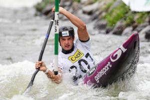 physio Britt Caling watching Lucien Delfour slalom paddler at olympics