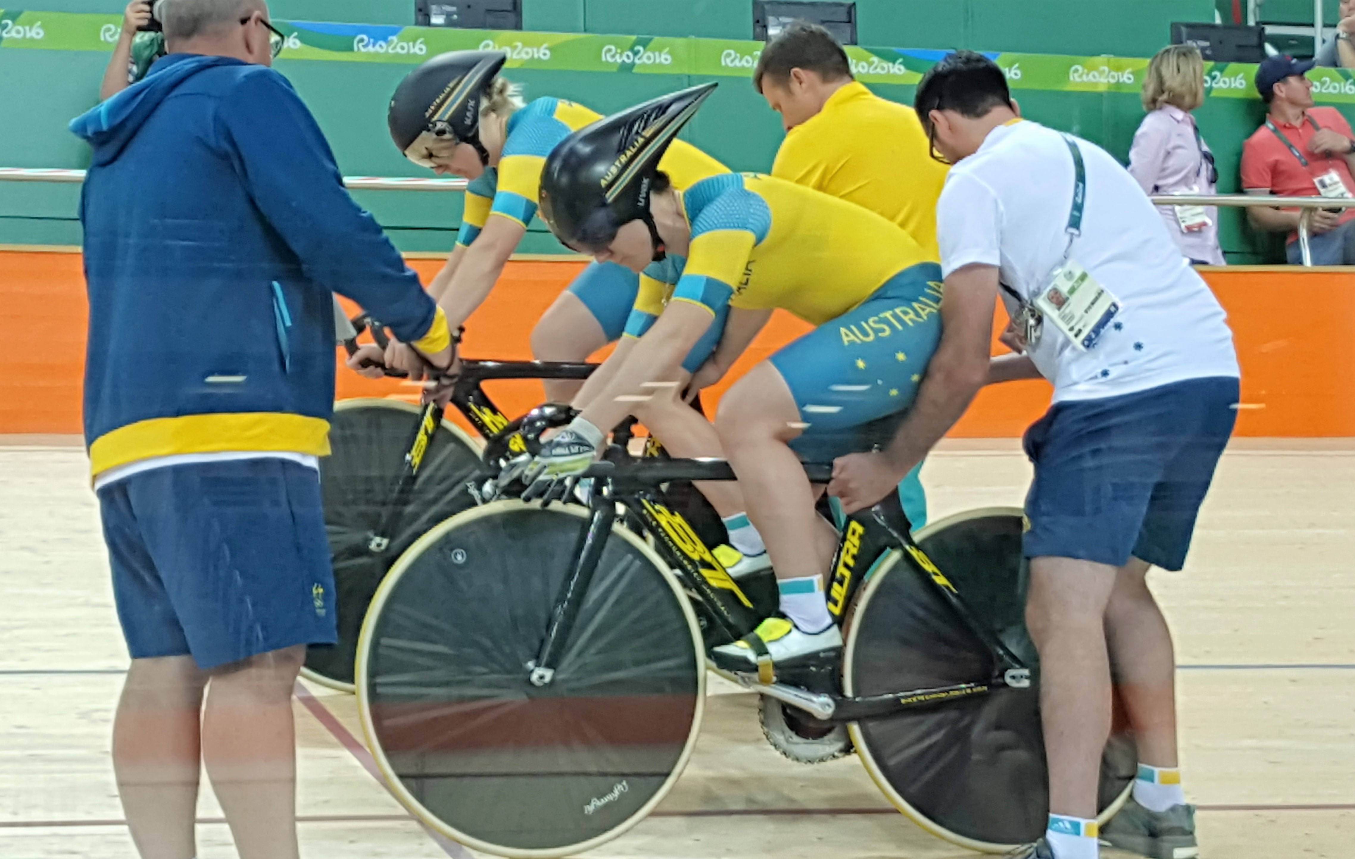 britt caling's view of anna meares in the cycling olymipc velodrome